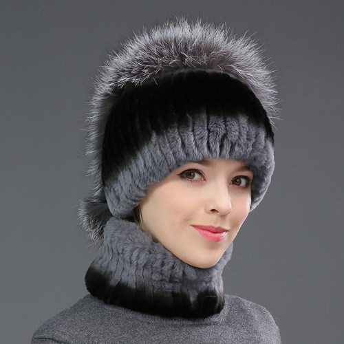 獭兔毛帽子女秋冬季狐狸毛球围脖