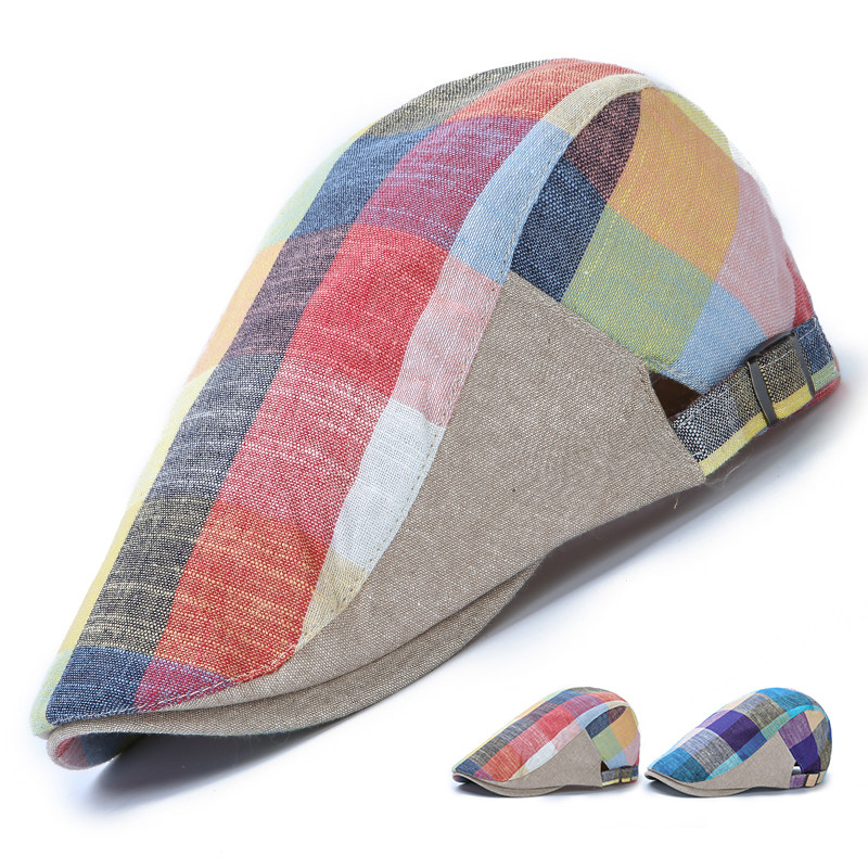 夏季薄款韩版彩色格子鸭舌帽前进帽子男女贝雷帽春秋户外遮阳帽潮