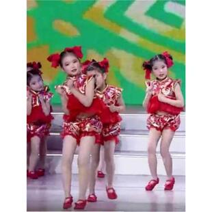 灯笼打鼓表演中国演出服说唱民族红服儿童舞蹈开门红喜庆风秧歌服
