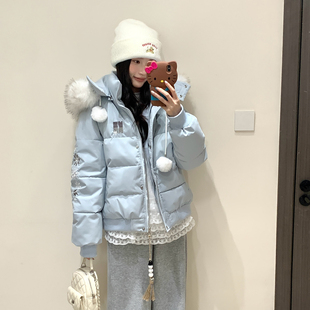 学院风连帽棉服女冬季宽松加厚保暖可爱毛球面包服棉衣外套