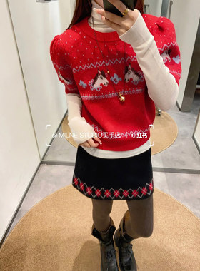 Trendy Bazaar 费尔岛小马红色圆领针织衫女圣诞提花复古短袖毛衣