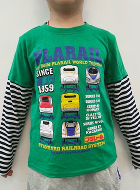 出口日单新干线车儿童T恤 外贸日系男童春秋季卡通动车拼袖打底衫