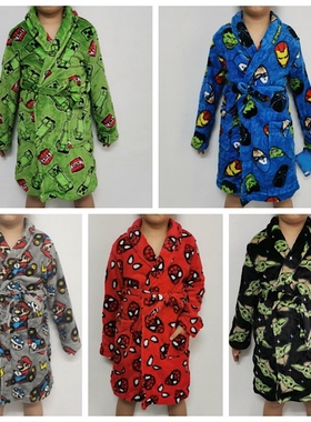 外贸男童浴袍 冬季珊瑚绒卡通苦力怕漫威蜘蛛侠马里奥保暖睡袍