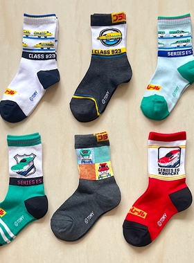 出口日单儿童袜 外贸日系宝宝卡通火车短袜新干线多美卡车中筒袜