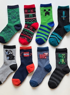 出口原单儿童袜 外贸男童卡通图案我的世界苦力怕中大童中筒袜