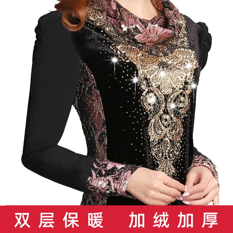 长袖韩版加绒加厚蕾丝绣花打底衫