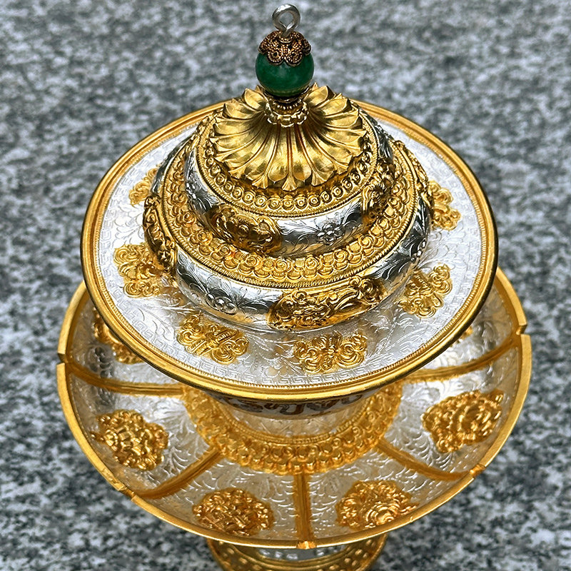 尼泊尔上师茶架纯银鎏金景德茶杯套装喝茶碗盖碗茶杯供养上师供杯