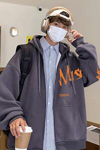 H181FD新品加绒加厚外套卫衣男60%棉涂鸦印花百搭拉链开衫图片