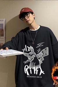 XZ304A-W376P45新款男士卫衣无帽宽松加绒上衣涂鸦皮卡丘休闲,短款黑色蕾丝短裙搭配图片