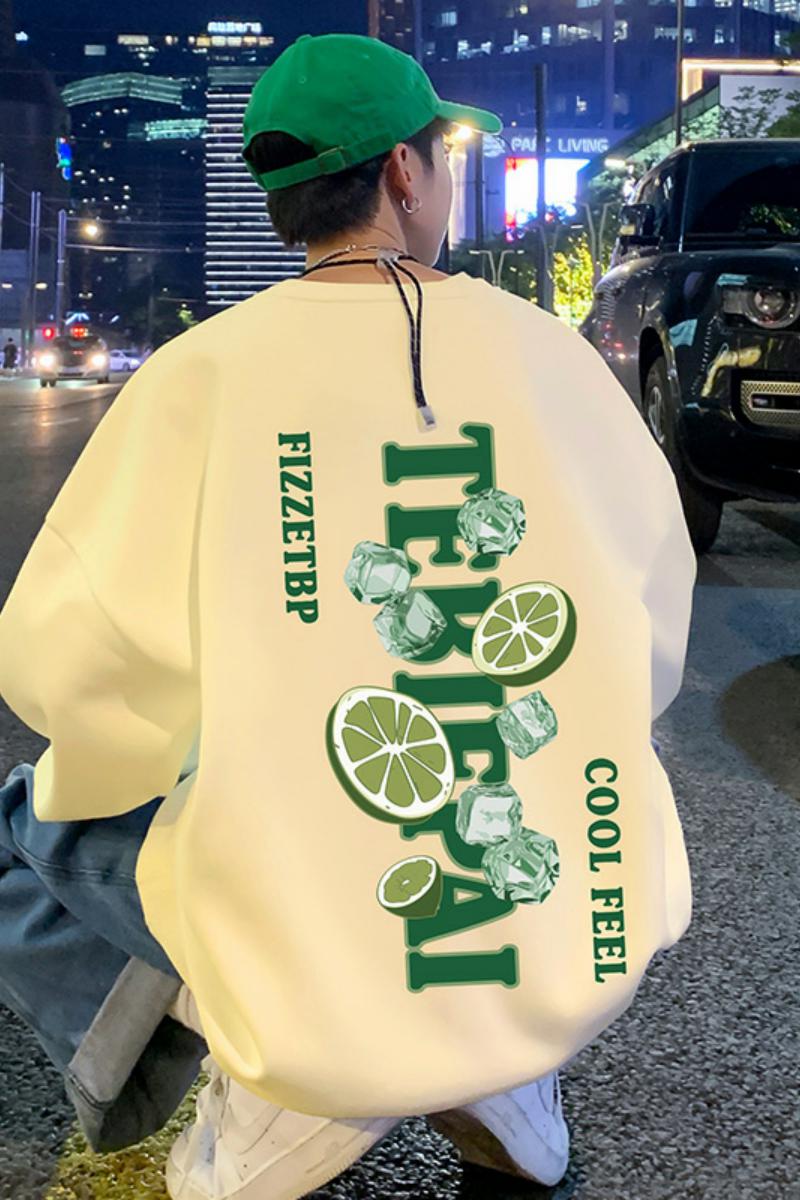 W502CFP35加绒45新款宽松圆领男士卫衣新款冰爽柠檬字母印花套头,男装卫衣,星座304A