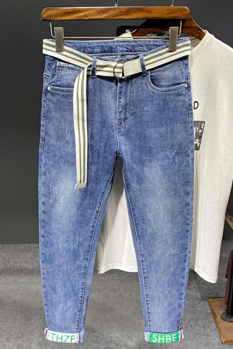 新品弹力高棉小脚牛仔裤蓝色绿色边休闲裤XZ304B-2-KA608P65,男装牛仔裤,星座304A-1