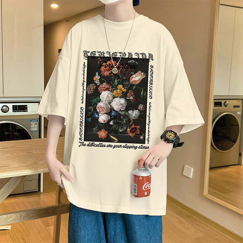 304A-T607CP26短袖t恤男复古玫瑰印花圆领潮流纯棉体恤图片