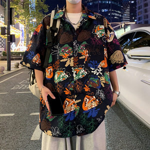 C001FP38新款夏威夷短袖花衬衫男宽松透气上衣服潮牌休闲沙滩衬衣