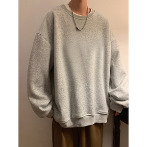 潮牌宽松圆领卫衣男春秋季重磅oversize长袖打底衫港风纯色上衣服图片