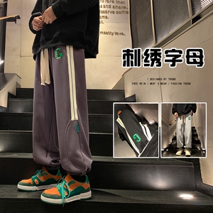 K879FP60加绒65新款裤子男50%棉条纹美式高街宽松运动男生阔腿休图片