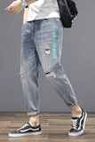 XZ304B-2-K6816P58新品破洞牛仔裤休闲裤蓝色字母印花，男装牛仔裤，星座304A-1