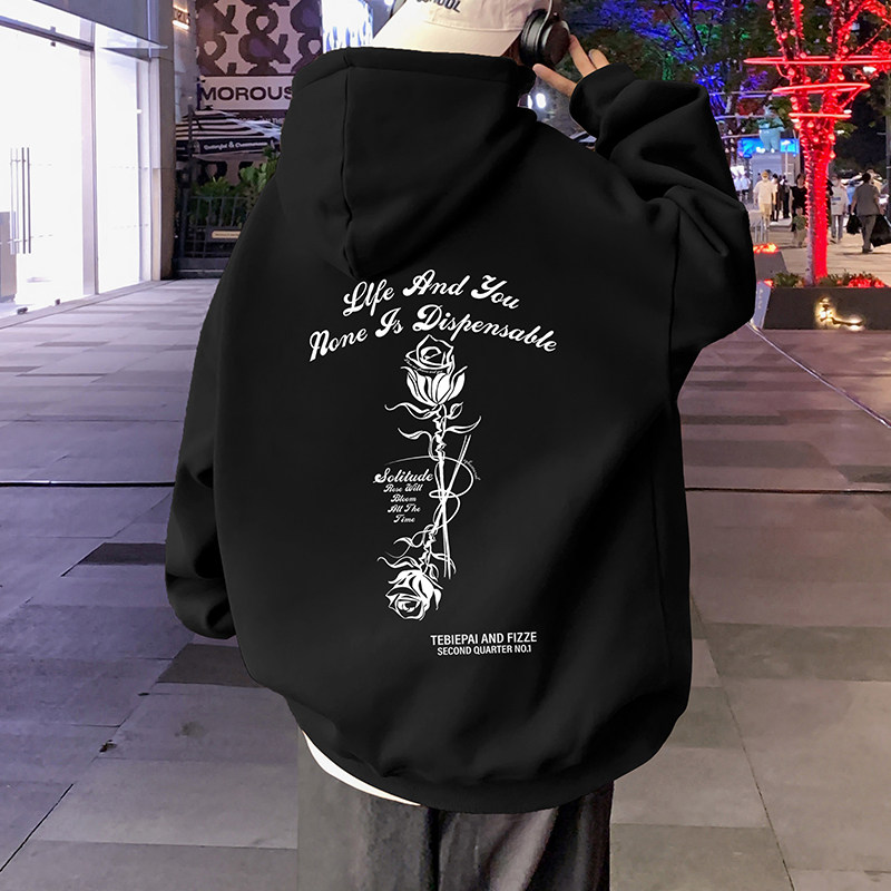 CM021FP60新款酒红色纯棉卫衣玫瑰印花情侣款宽松帽衫外套,男装卫衣,星座304A