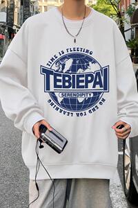 W398P35新款地球印花圆领卫衣男美式外套宽松套头打底衫男长袖图片