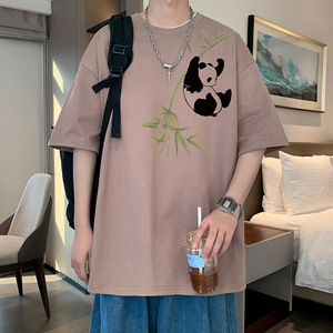 T772FP26新款短袖T恤男圆领纯棉半袖宽松熊猫印花休闲体恤衫图片