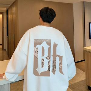 W525FP35加绒45卫衣男宽松长袖外套重磅休闲圆领无帽外套图片