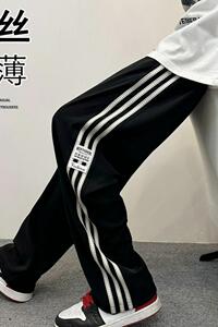 K907FP48新款裤子薄款直筒冰丝裤ins条纹速干宽松大码休闲运动裤图片