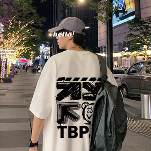 T653FP28纯棉短袖t恤男生情侣装印花体恤上衣宽松潮流半袖tee,胖女孩穿搭长连衣裙图片