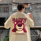 wassuphappy2025新款潮流纯棉短袖t恤男夏季宽松草莓熊半袖体恤，男装T恤，星座304A