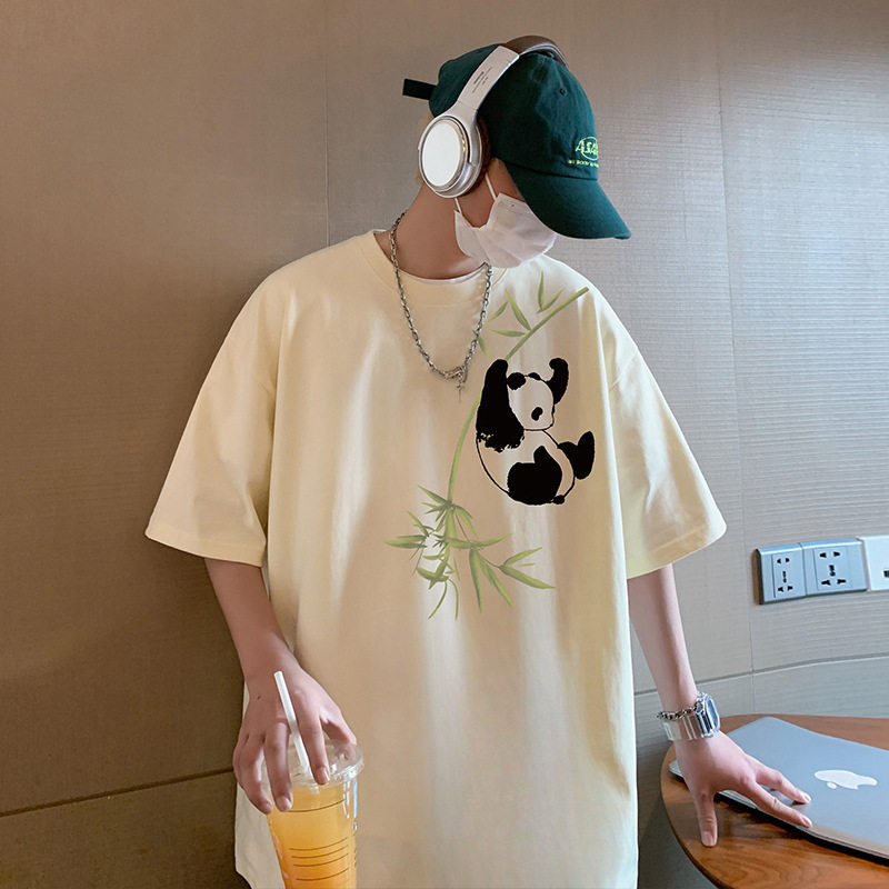 T772FP26新款短袖T恤男圆领纯棉半袖宽松熊猫印花休闲体恤衫,男装T恤,星座304A