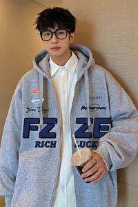 H182加绒F新款字母印花美式连帽加绒外套男宽松拉链开衫卫衣