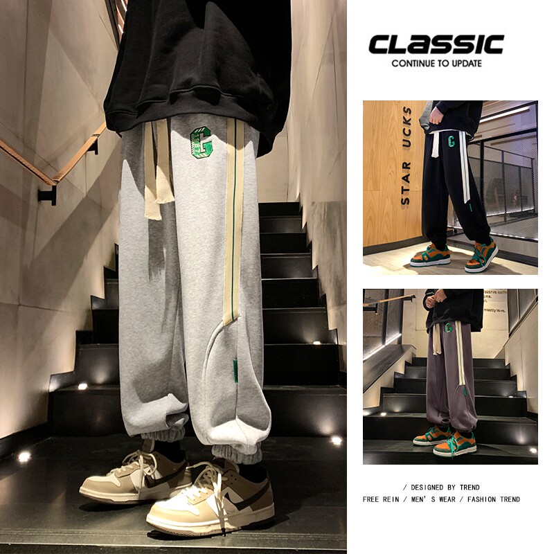 K879FP60加绒65新款裤子男50%棉条纹美式高街宽松运动男生阔腿休,男装休闲裤,星座304A