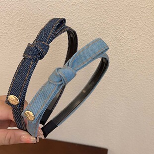 韩版复古牛仔蝴蝶结头箍2025新款细边带齿发箍防滑洗脸发卡头饰女