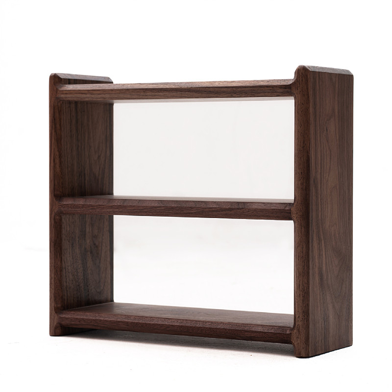 黑胡桃木置物架日式茶具咖啡杯子厨房收纳架桌面双层格子杯架