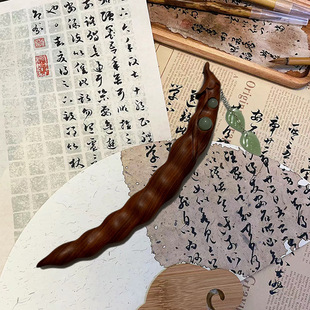 新中式复古红檀木豌豆夹发簪简约汉服盘发簪子步摇流苏发钗