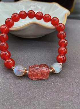 天然红玛瑙手链草莓晶貔貅灰月光红色招财手串