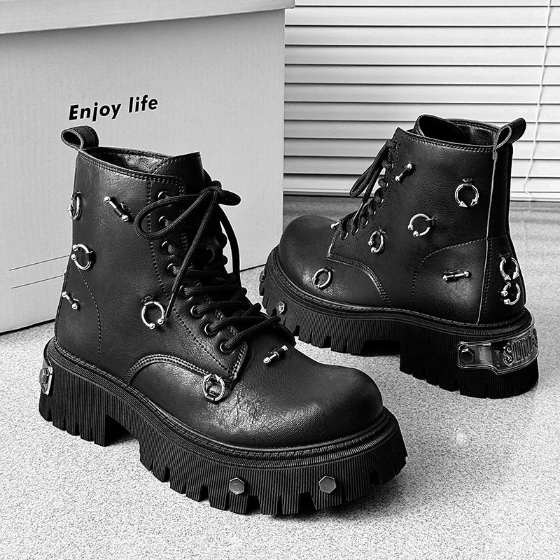 马丁靴男厚底增高2026新款朋克风铆钉机车靴英伦风高帮工装靴潮鞋
