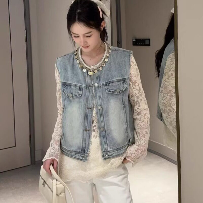 特价5018贝壳装饰民族风牛仔马甲背心长袖蕾丝小衫两件套女装春潮