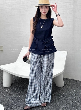 特价独品82221无袖牛仔背心上衣格子阔腿裤时尚套装女夏季两件套