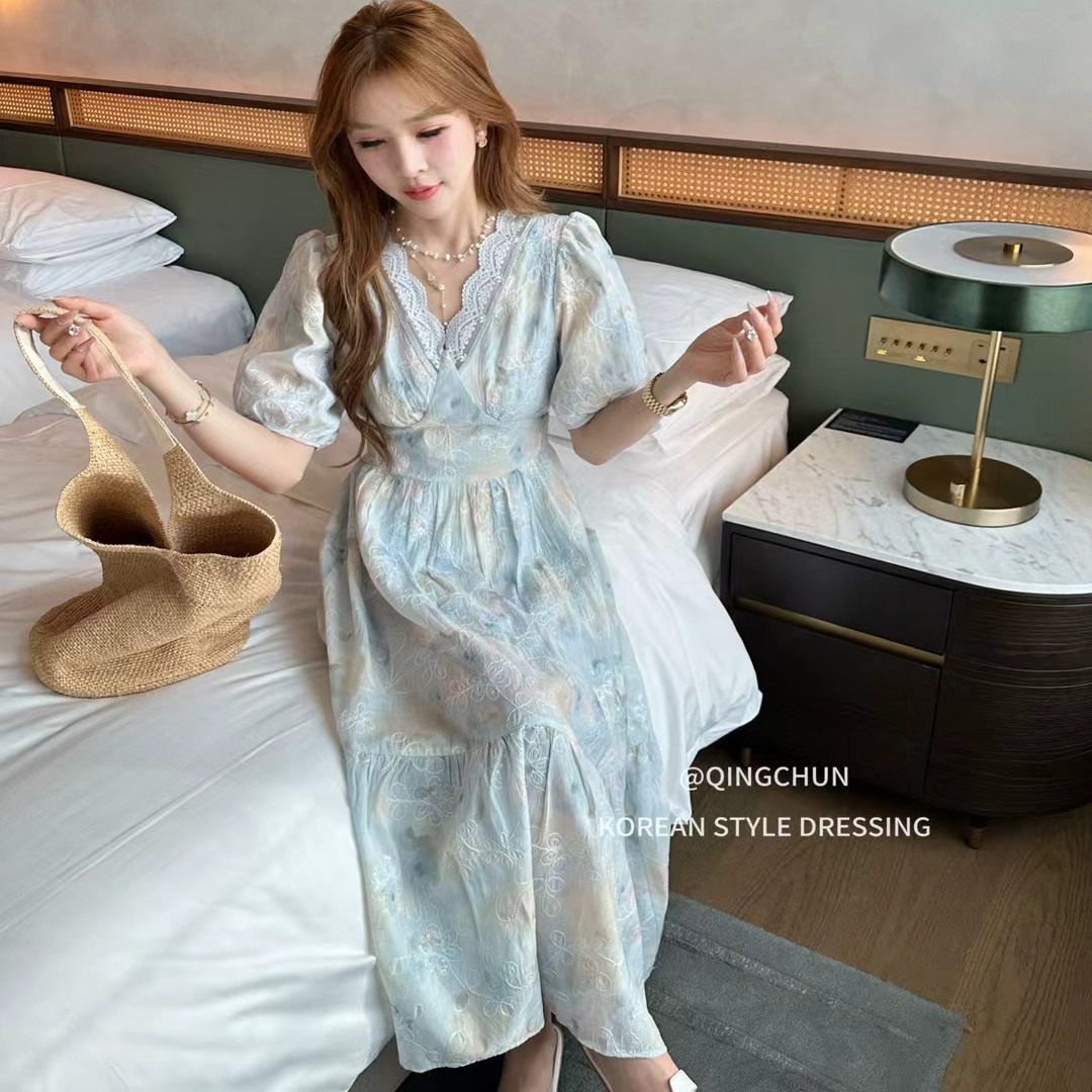 特价8516蕾丝花边短袖V领重工刺绣花色连衣裙修身显瘦长裙女装夏