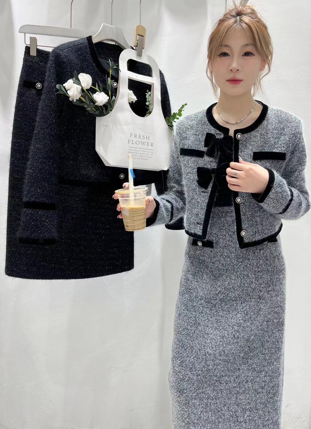 特价韩版小香风短外套+长裙水貂绒蝴蝶结气质套装女秋新款两件套,女装/女士精品,时尚套装,淘宝优惠券,粉丝福利购,淘宝优惠卷