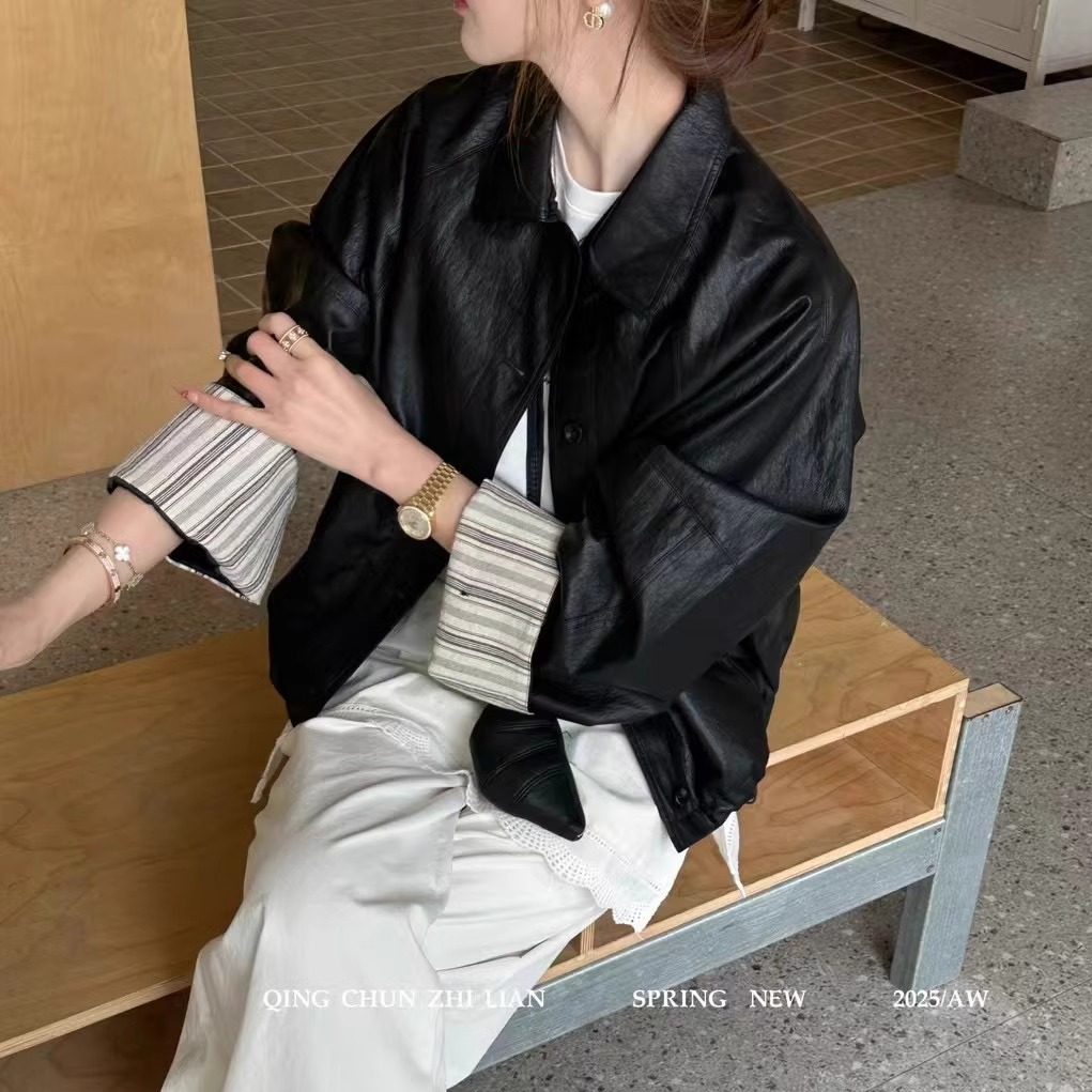 特价8068翻领宽松短款皮衣外套配小包包夹克衫休闲韩版女装春新款