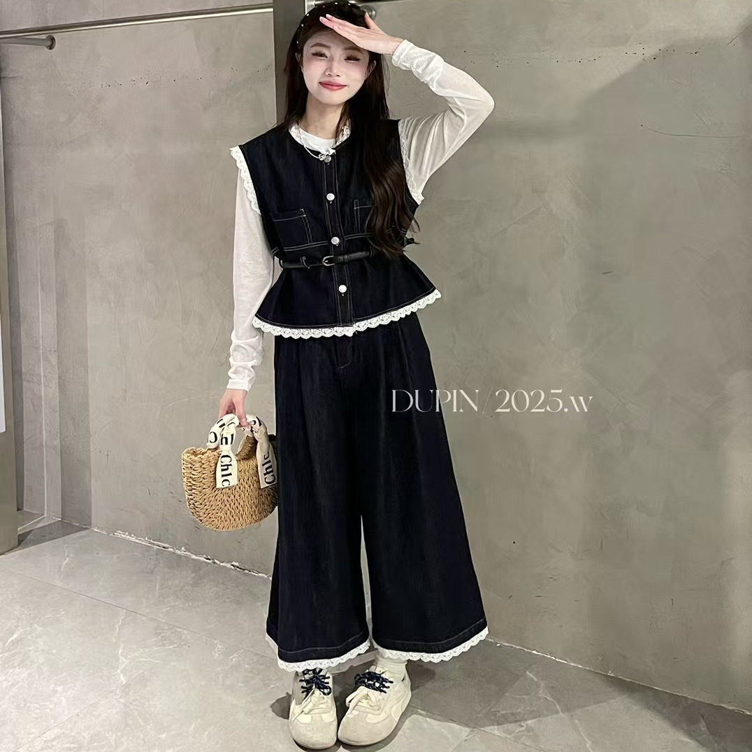 时尚蕾丝拼接牛仔马甲背心九分阔腿裤时尚套装女春新款三件套2025