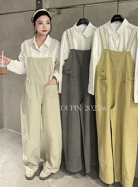 特价独品82206宽松文艺背带裤阔腿直筒裤长袖衬衫两件套女春套装