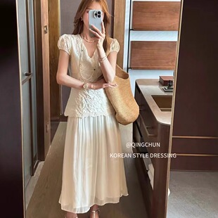 特价 重工刺绣连衣裙修身 显瘦假两件拼接长裙气质女装 夏潮 8515短袖