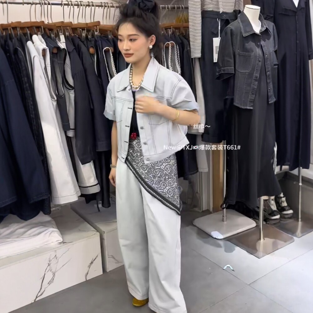 特价T小姐661短袖牛仔外套阔腿裤长裤配丝巾休闲套装女夏季新款潮