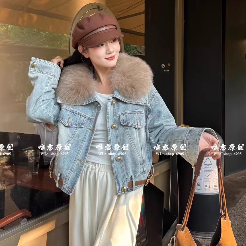 唯恋6905大毛领牛仔衣外套羽绒服加厚保暖女装冬新款夹克衫2024潮
