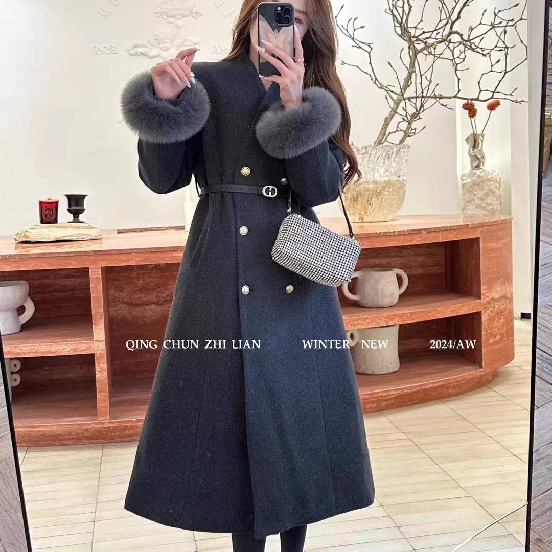 特价91867狐狸毛袖口毛呢大衣V领系腰带修身显瘦长款羽绒服女装冬
