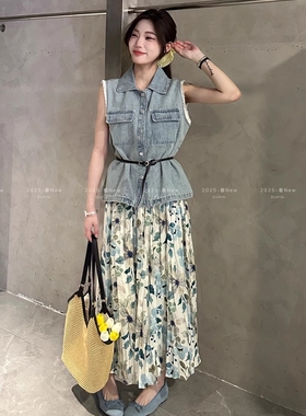 特价独品82210蕾丝拼接系腰带牛仔马甲碎花波点半裙两件套女春夏