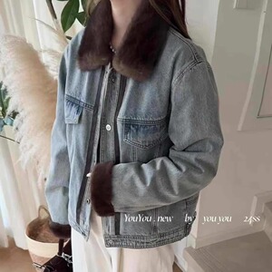 佑佑水貂绒翻领牛仔衣短外套羽绒服时尚百搭夹克衫机车女装冬2024