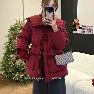 特价91887海军风大翻领收腰显瘦羽绒服时尚白鸭绒外套红色女冬季