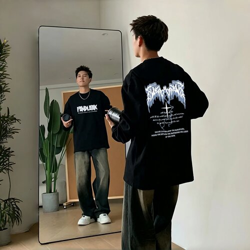 美式高街印花纯棉长袖T恤宽松男